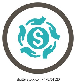 Money Care Hands vector bicolor rounded icon. Image style is a flat icon symbol inside a circle, grey and cyan colors, white background.