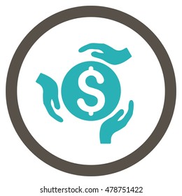 Money Care Hands vector bicolor rounded icon. Image style is a flat icon symbol inside a circle, grey and cyan colors, white background.