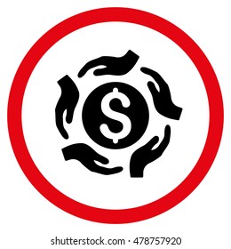 Money Care Hands vector bicolor rounded icon. Image style is a flat icon symbol inside a circle, intensive red and black colors, white background.