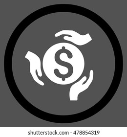 Money Care Hands vector bicolor rounded icon. Image style is a flat icon symbol inside a circle, black and white colors, gray background.