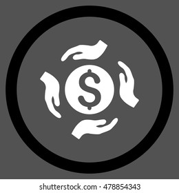 Money Care Hands vector bicolor rounded icon. Image style is a flat icon symbol inside a circle, black and white colors, gray background.