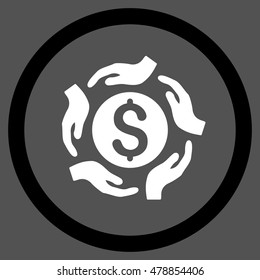 Money Care Hands vector bicolor rounded icon. Image style is a flat icon symbol inside a circle, black and white colors, gray background.