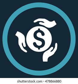 Money Care Hands vector bicolor rounded icon. Image style is a flat icon symbol inside a circle, blue and white colors, dark blue background.