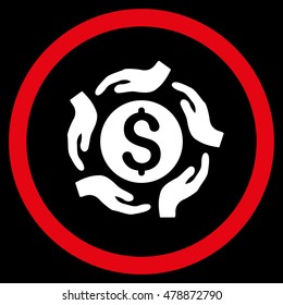 Money Care Hands vector bicolor rounded icon. Image style is a flat icon symbol inside a circle, red and white colors, black background.