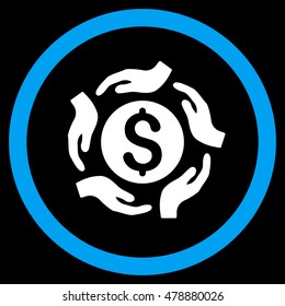 Money Care Hands vector bicolor rounded icon. Image style is a flat icon symbol inside a circle, blue and white colors, black background.