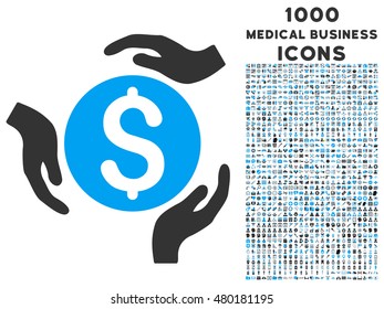Money Care Hands vector bicolor icon with 1000 medical business icons. Set style is flat pictograms, blue and gray colors, white background.