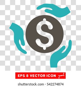 Money Care Hands vector icon. Image style is a flat grey and cyan pictograph symbol.