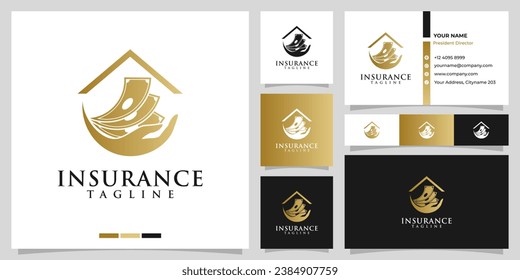 Money Care Logo and Business Card Vector Template. Coin with hand logo. Logo Design for Financial, home, insurance, funding, saving, loan.