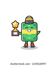 money cartoon as an ice skating player hold winner trophy , cute style design for t shirt, sticker, logo element