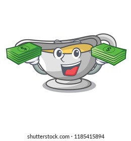 With money cartoon sauce boat with turkey gravy