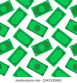 Money cartoon vector seamless pattern. Pattern of green banknotes on white background.
