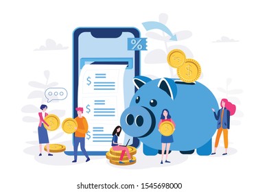 Money cash back,  loyalty program, Smartphone with bank app, money back, credit and piggy bank. Bill drop out of the phone. Vector illustration for web banner, infographics, mobile website. 