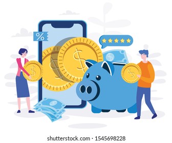 Money cash back,  loyalty program, Smartphone with bank app, money back, credit and piggy bank. Coins drop out of the phone. Vector illustration for web banner, infographics, mobile website. 