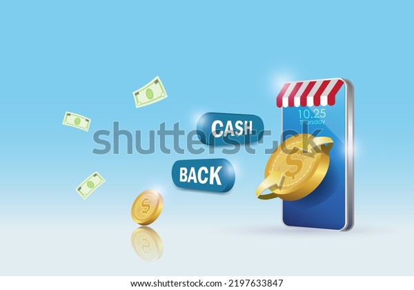 Money cash\
back refund, money roll back after purchase. Refund arrow on gold\
coin on smartphone. Financial return benefit after spending money\
on online marketing campaign\
promotion.