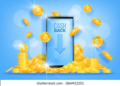 Money Cash Back Vector Finance Banner With Smartphone Screen, Flying Golden Dollar Coins, Pile, Arrow. Bonus, Refund Or Win Illustration With Phone On Blue Background.Cash Back App Or Program Concept 