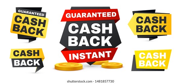 Money cash back vector labels and stickers set. Vector sale banners, saving and money refund icons