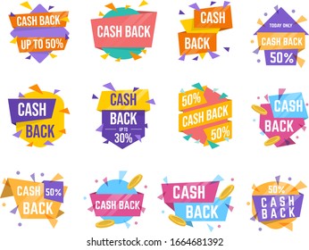 Money cash back vector labels and stickers. Saving and money refund icons. Cashback money badge and banner, business warranty illustration.