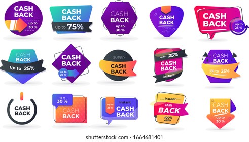Money cash back vector labels and stickers. Saving and money refund icons. Cashback money badge and banner, business warranty illustration.