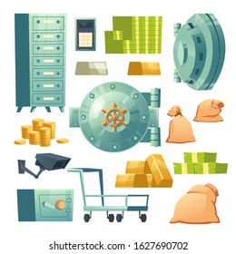 Money cash in bank vault. Vector cartoon icons set of deposit safe boxes, round metal doors, dollar banknotes and coins, gold ingots and push cart. Financial equipment isolated on white background