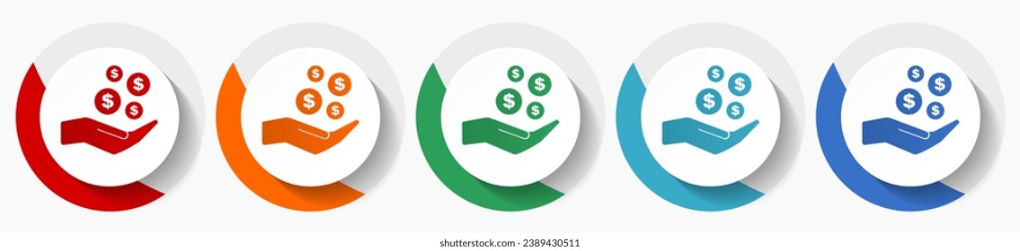 Money, cash, bank vector icon set, flat design colorful round icons in 5 color options for webdesign and mobile applications