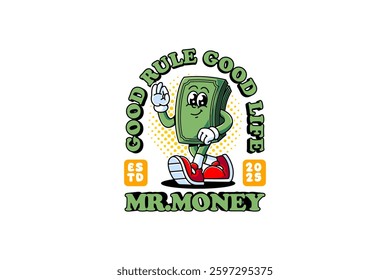 money cash bills retro cartoon character mascot illustration with walking pose and showing ok check hand for financial, bank, investment, casino business mascots and merchandise