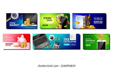 Money Cash Budget And Capital Saving Set Vector. Stock Market And Online Donation, Money Safe And Gemstone In Deposit Box, Cash Back And Tax Calculation. Template Realistic 3d Illustrations