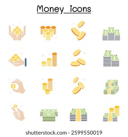Money, Cash , Coin Bank note icon set in flat color style