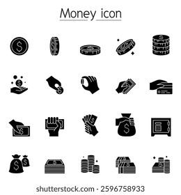 Money, Cash, Coin, Currency icon set in glyph style