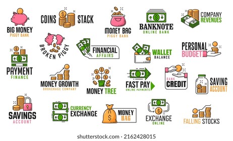 Dinero, efectivo, monedas, ahorros, íconos de cambio y pago, símbolos vectores de moneda en dólares. Banca financiera y señales comerciales de tarjetas de crédito, bolsas de dinero o pagos bancarios y financieros