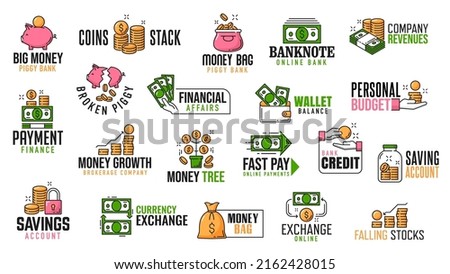 Money, cash, coins, savings, exchange and payment icons, vector dollar currency symbols. Bank finance and money business signs of credit card, money bag or piggy bank and financial payments