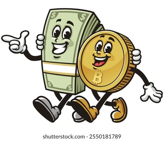 Casal de dinheiro em dinheiro com Bitcoin, Cartoon Mascote Ilustração Personagem Vetor Clip-art Desenho de logotipo desenhado à mão