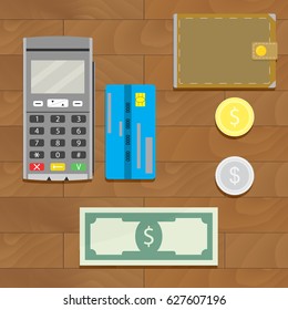 Money cash and credit card. Silver and golden coin with wallet. Vector illustration