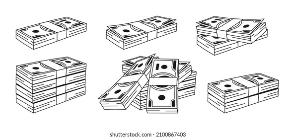 Money cash dollar pile cartoon doodle outline set. Hundreds paper stack dollars bundle bill. Flat huge packed banknotes, accumulation finance debt. Heap bank currency. Vector illustration