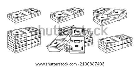 Money cash dollar pile cartoon doodle outline set. Hundreds paper stack dollars bundle bill. Flat huge packed banknotes, accumulation finance debt. Heap bank currency. Vector illustration