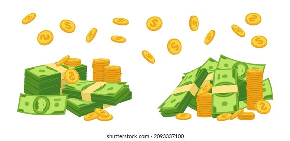 Money cash dollar stack, coin fall cartoon set. Gold coins heap, bank currency. Hundreds paper green dollars bundle bill. Huge packed banknotes, accumulation finance debt. Isolated vector illustration