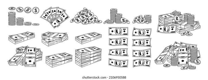 Geld-Bargeld-Dollar-Stack, Pfahlmünzen-Umriss-Set. Goldmünzen-Heap, Bankwährung. Hunderte von Papier-Dollar-Bundle-Rechnung. Riesige verpackte Banknoten, Anhäufung von Finanzschulden. Doodle-Vektorgrafik