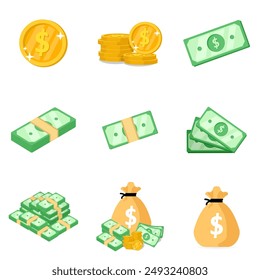 Money cash dollar stack, pile coin cartoon set. Gold coins heap, bank currency. Hundreds paper green dollars bundle bill. Huge packed banknotes vector illustration