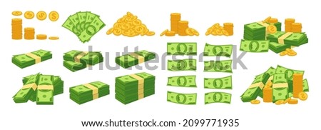 Money cash dollar stack, pile coin cartoon set. Gold coins heap, bank currency. Hundreds paper green dollars bundle bill. Huge packed banknotes, accumulation finance debt. Isolated vector illustration