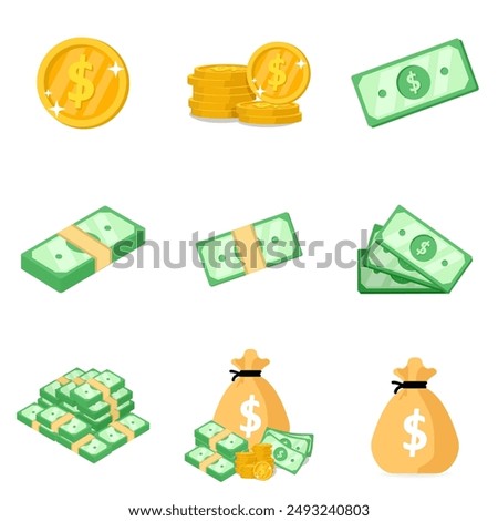 Money cash dollar stack, pile coin cartoon set. Gold coins heap, bank currency. Hundreds paper green dollars bundle bill. Huge packed banknotes vector illustration