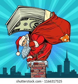 Money cash dollars. Santa Claus with gifts climbs into the chimney. Christmas and new year. Pop art retro vector illustration vintage kitsch