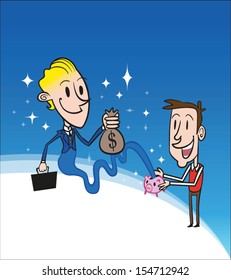 Money Cash Easy Cartoon Illustration, Free Wish, Magic, Investment, Insurance Salesman Dealer, Piggy Bank