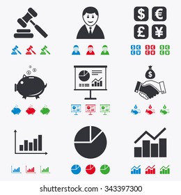 Money, cash and finance icons. Handshake, piggy bank and currency exchange signs. Chart, auction and businessman symbols. Flat black, red, blue and green icons.