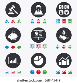 Money, cash and finance icons. Handshake, piggy bank and currency exchange signs. Chart, auction and businessman symbols. Flat circle buttons with icons.