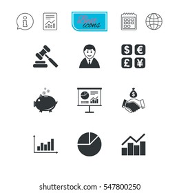 Money, cash and finance icons. Handshake, piggy bank and currency exchange signs. Chart, auction and businessman symbols. Report document, calendar and information web icons. Vector