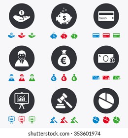 Money, cash and finance icons. Piggy bank, credit card and auction signs. Presentation, pie chart and businessman symbols. Flat circle buttons with icons.