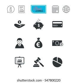 Money, cash and finance icons. Piggy bank, credit card and auction signs. Presentation, pie chart and businessman symbols. Report document, calendar and information web icons. Vector