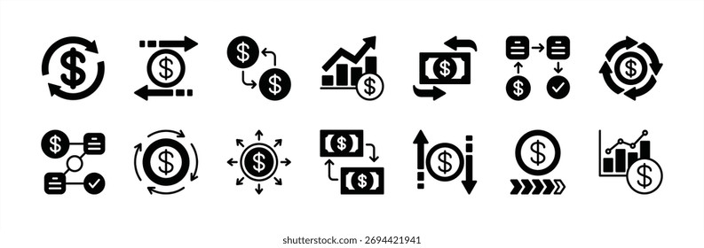 Conjunto de Vectores de icono de flujo de efectivo de dinero. Contiene flecha circular financiera, intercambio, transferencia, ingresos de ganancias, resultado, administración, gráfico de crecimiento, gasto, reembolso, transacción, ingresos. Ilustración