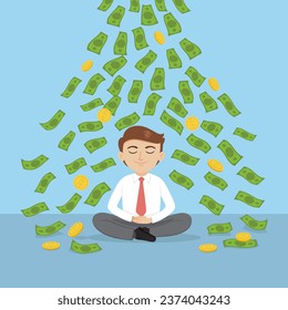 Money cash flying down on business man doing sitting in meditating, illustration, vector, cartoon, EPS 10.