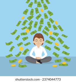 Money cash flying down on businesswoman doing sitting in meditating, illustration, vector, cartoon, EPS 10. 