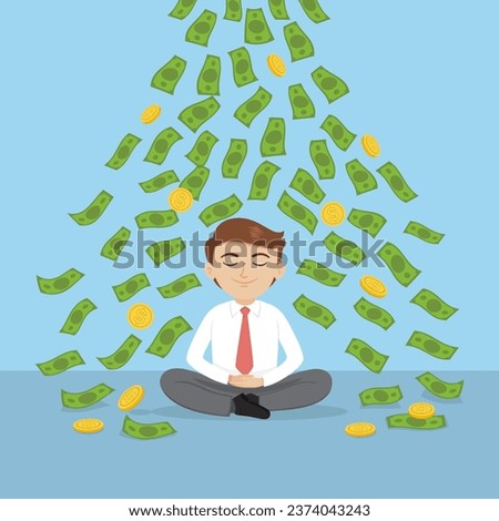 Money cash flying down on business man doing sitting in meditating, illustration, vector, cartoon, EPS 10.